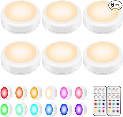 BLS LED Puck Lights with Remote Control, Wireless Under Cabinet & Closet Lighting, RGB 13 Color Changing Lights with Dimmer, Timer & AA Battery Operated, Push, Touch, Stick on for Night, White, 6 Pack