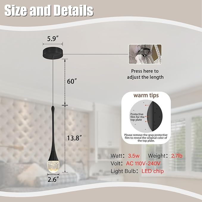 ykolupty Modern Pendant Lights for Kitchen lsland LED Dimmable Raindrop Chandelier Crystal Ceiling Pendant Lighting for Dining Room Hallway Bar Living Room (1 Pack)
