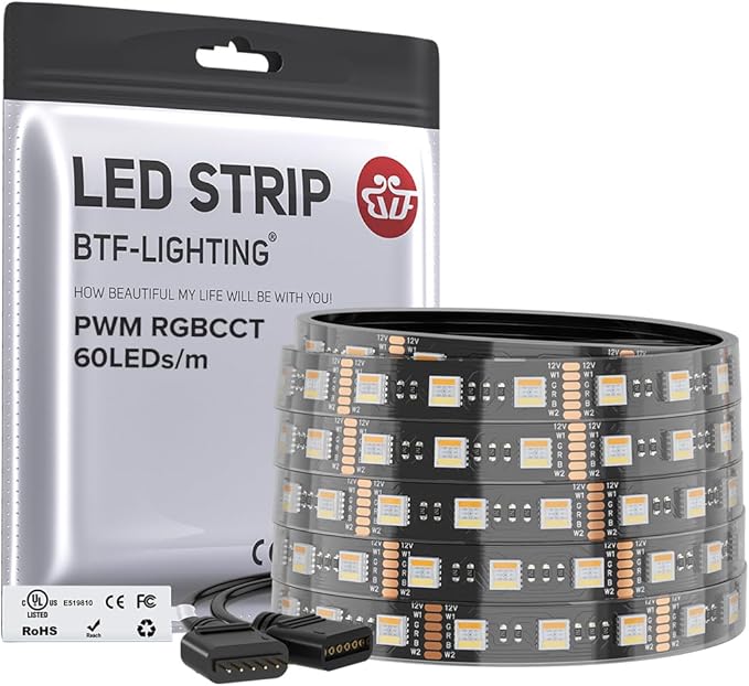 BTF-LIGHTING RGBCCT 5 Colors in 1 LED 5050SMD RGBWW RGB+Dimmable Tunable Color Temperature UL Listed 2700K-6500K 16.4ft 60LED/m 300LED DC12V Multi-Colored IP67 for Decoration(No Adapter or Controller)