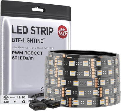 BTF-LIGHTING RGBCCT 5 Colors in 1 LED 5050SMD RGBWW RGB+Dimmable Tunable Color Temperature UL Listed 2700K-6500K 16.4ft 60LED/m 300LED DC12V Multi-Colored IP67 for Decoration(No Adapter or Controller)