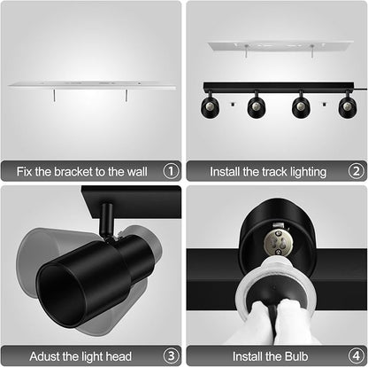 Plug in Track Lighting, 23" LED Track Lighting Fixtures Ceiling, Black 4 Way Spotlight, Rotatable Track Head, Plug in Ceiling Light with Power Cord, Plug Wall Light for Kitchen Hallway(GU10, NO Bulb)