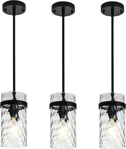 3 Pack Black Pendant Lights Kitchen Island, Hammered Glass Pendant Lighting Over Island, Kitchen Hanging Light Fixtures Pendant Light Over Sink for Kitchen Entryway Foyer Dining Room