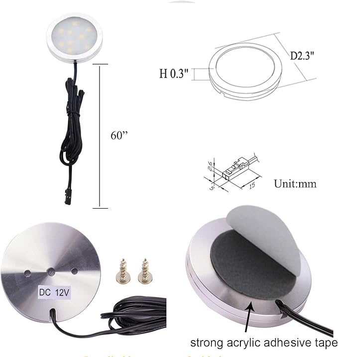 AIBOO 12V LED Under Cabinet Lighting Kit 3 Packs Slim Aluminum Puck Lights with 2-Way Switch All Accessories Included for Counter Closet Lighting 6W (Daylight White)