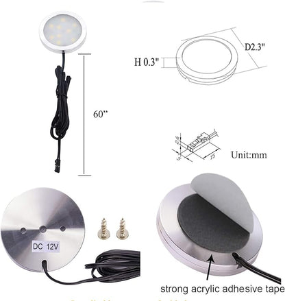 AIBOO 12V LED Under Cabinet Lighting Kit 3 Packs Slim Aluminum Puck Lights with 2-Way Switch All Accessories Included for Counter Closet Lighting 6W (Daylight White)