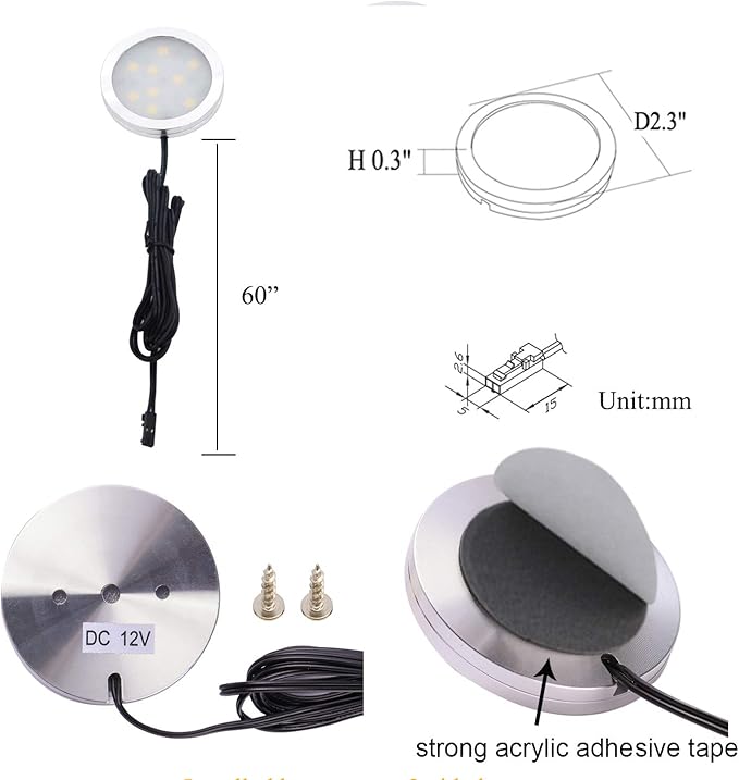 AIBOO 12V LED Under Cabinet Lighting Kit 3 Packs Slim Aluminum Puck Lights with 2-Way Switch All Accessories Included for Counter Closet Lighting 6W (Natural White)
