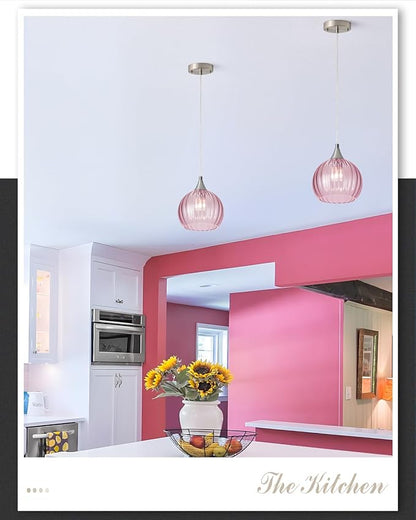 Brushed Nickel Pendant Lights Kitchen Island, Globe Pendant Light Fixtures with 8 Inch Clear Glass Shade, Modern Hanging Light Fixtures for Kitchen, Bedroom (1 Pack - Pink Glass Pendant Light)