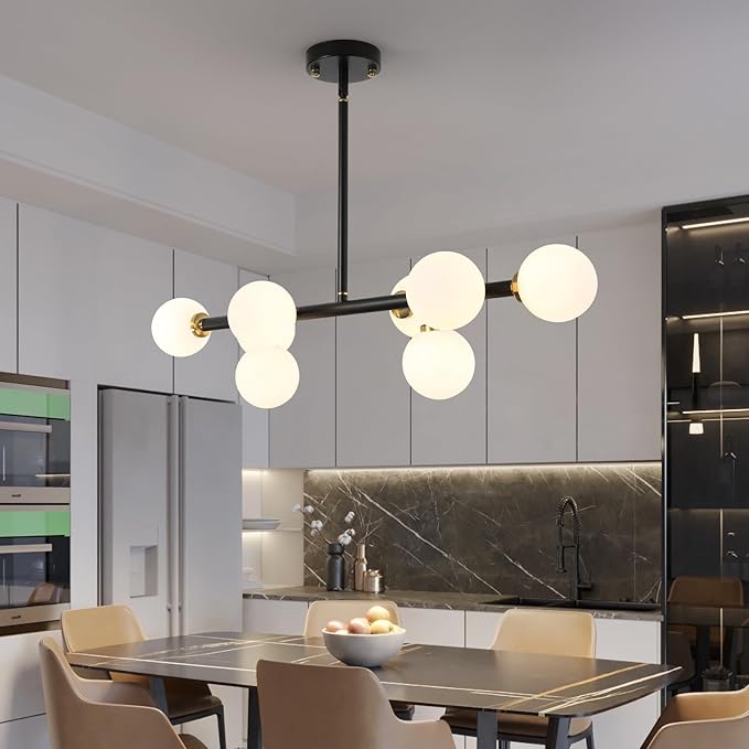Sputnik Black and Gold Chandelier Pendant Linear Light Modern Mid Century Light Fixture White Globe Shade for Dining Living Room Kitchen Island 8-Light