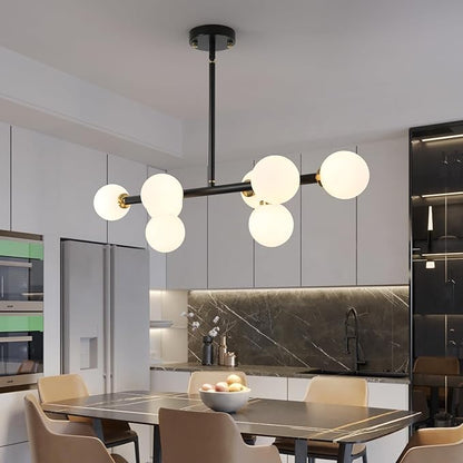 Sputnik Black and Gold Chandelier Pendant Linear Light Modern Mid Century Light Fixture White Globe Shade for Dining Living Room Kitchen Island 8-Light