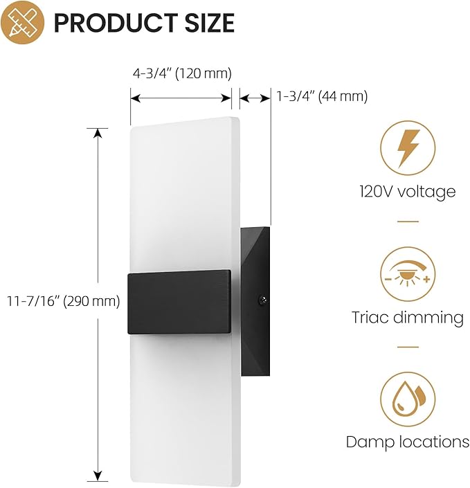Modern LED Wall Sconces Set of Two, 12 Inch Indoor Dimmable Black Wall Lights, 12W 2700K-5000K Adjustable, Hardwired Acrylic Wall Sconces for Living Room Bedroom Bathroom Hallway, ETL