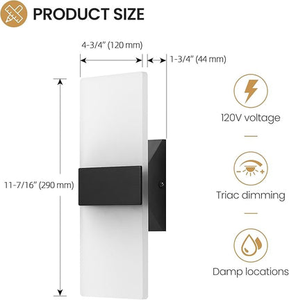 Modern LED Wall Sconces, 12 Inch Indoor Black Wall Lights, 12W 2700K-5000K Adjustable, Hardwired Acrylic Wall Sconces Set of 4, Dimmable Wall Mount Light for Living Room Bedroom Hallway, ETL