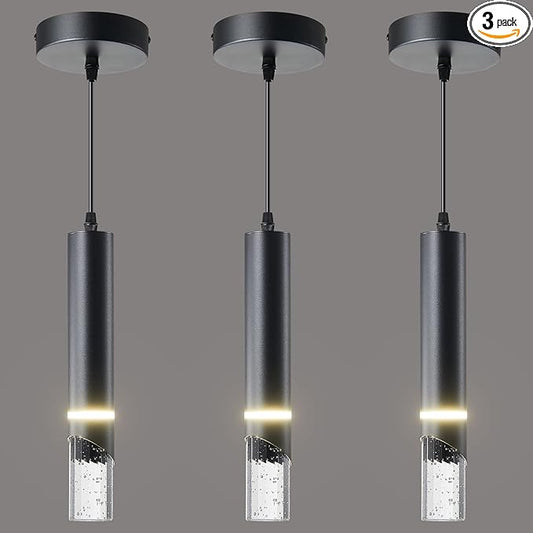 Pendant Lights Kitchen Island Dimmable LED Kitchen Lighting Matte Black Hanging Light fixtures Bubble Crystal Mini Pendant Light, Modern Pendant Ligh(3 Pack)