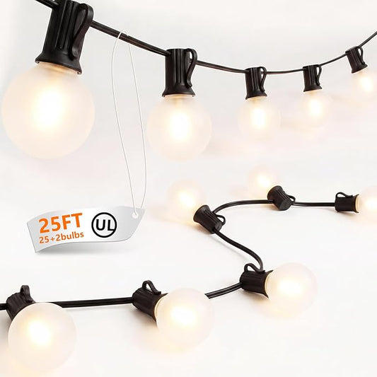 25FT G40 LED Frosted Outdoor String Lights with 27 Globe Blubs(2 Spare), Commercial Grade Waterproof Backyard Lights for Outside Wedding Decor