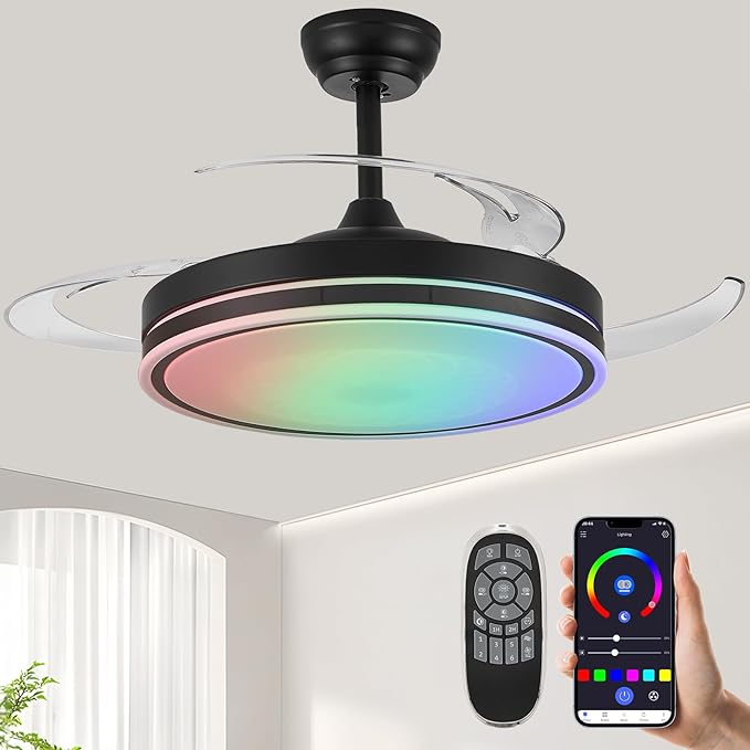 48" Retractable RGB Ceiling Fan with Light, Build-in Speaker Modern Fandelier 6 Speeds Retractable Blades Dimmable Chandelier Ceiling Fan with Remote App Control Memory Timer Black