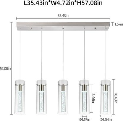 Modern Kitchen Lighting Pendant Fixtures 5-Light LED Pendant Ceiling Fixture Brushed Nickel Bubble Cylinder Pendant Light with Adjustable Length for Kitchen Island Dinning Room Bedroom