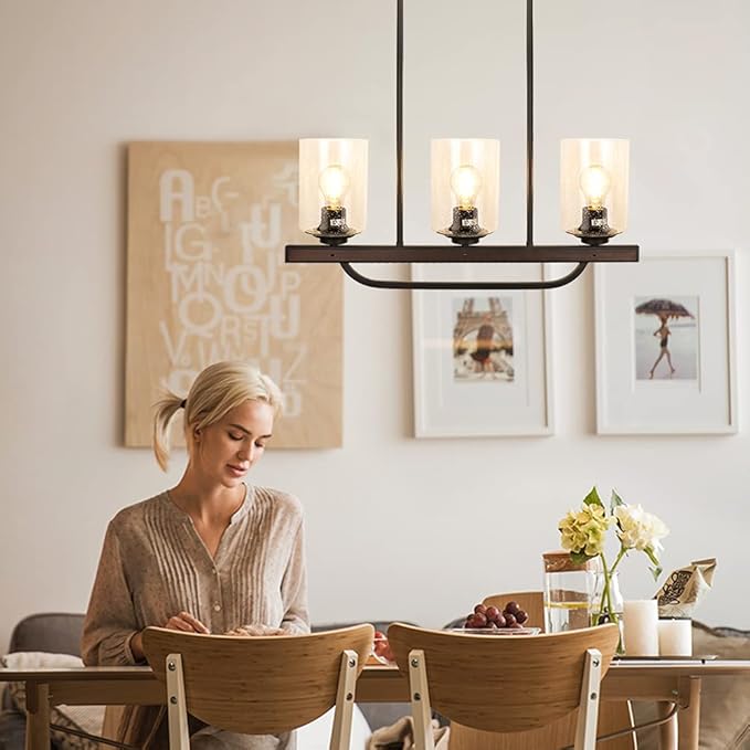 Depuley 3- Light Rustic Pendant Light Fixture, Flush Mount Ceiling Hanging Light with Glass Shade, Adjustable Farmhouse Black Chandelier Lighting for Kitchen Island Dining Room Restaurant, E26 Base