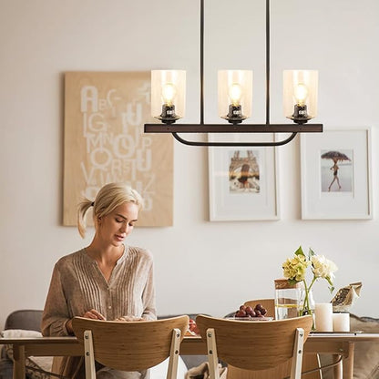 Depuley 3- Light Rustic Pendant Light Fixture, Flush Mount Ceiling Hanging Light with Glass Shade, Adjustable Farmhouse Black Chandelier Lighting for Kitchen Island Dining Room Restaurant, E26 Base