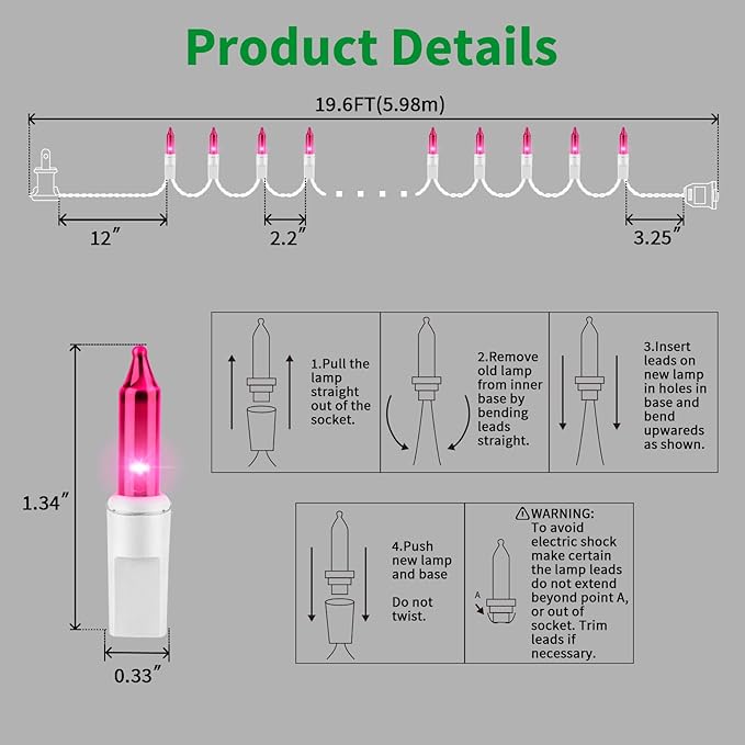 LAMPHOME Pink Christmas Lights Set 100 Count 19.6 Feet Incandescent Bulb Mini String Lights for Indoor Christmas Tree Garland Birthday Wedding Party Festival Decoration, White Wire