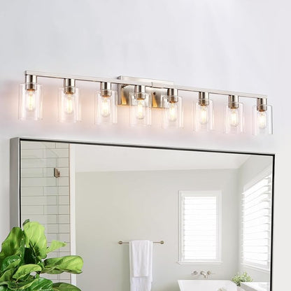 8 Light Bathroom Vanity Light Brushed Nickel Bathroom Light Fixtures 8-Light Vanity Lights for Bathrrom Lights Fixtures Over Mirror Large Wall Sconce with Clear Glass Shade