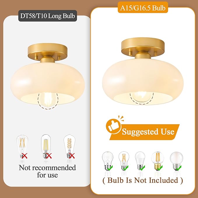 Mid-Century Modern Gold Semi Flush Mount Ceiling Light,White Glass Dome Hallway Lighting Fixtures, Metal Close to Ceiling Lamp for Entryway Bathroom Kitchen Bedroom Porch Foyer Office(8.66 Inch)