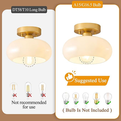Mid-Century Modern Gold Semi Flush Mount Ceiling Light,White Glass Dome Hallway Lighting Fixtures, Metal Close to Ceiling Lamp for Entryway Bathroom Kitchen Bedroom Porch Foyer Office(8.66 Inch)