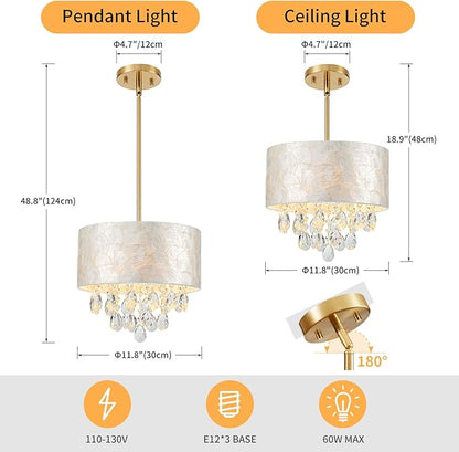 LumFurn D12 inch Capiz Shell Crystal Drum Chandeliers, 3-Light Coastal Style Pendant Light Fixture for Dining Room, Living Room, D12 x H19~49"(Adjustable Height), Shell Lampshade & Gold Finish