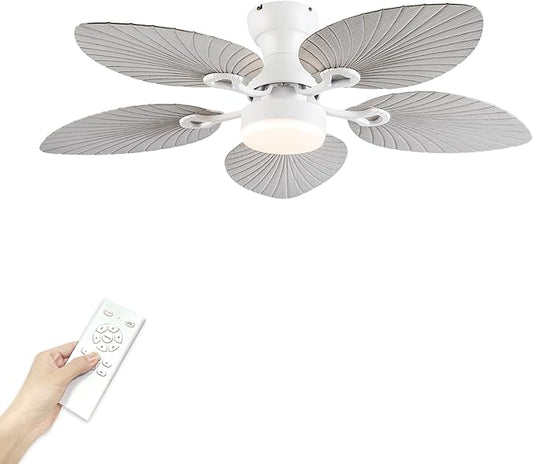 52inch Palm Leaf Ceiling Fans with Light Outdoor Tropical Ceiling Fans with Remote Timer Hand Carved 5 Blades DC Reversible Noiseless motor 6 Speeds Low Profile for Patios Living room Bedroom