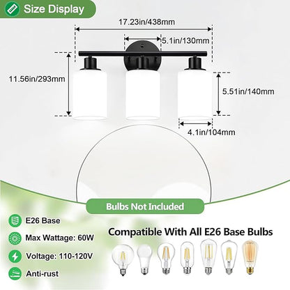 Zarbitta 3-Light Bathroom Light Fixtures, Black Modern Vanity Lights with Milky White Frosted Glass Shades, Bathroom Wall Lamp for Mirror Kitchen Living Room Hallway Cabinet Porch