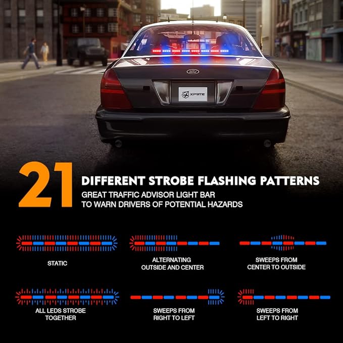Xprite 35.5" Traffic Advisor Light Bar, Red Blue LED Strobe Police Light Bar with 21 Flash Patterns, Suction Mount & Cigarette Plug, Emergency Warning Police Lights for Car, Truck, SUV