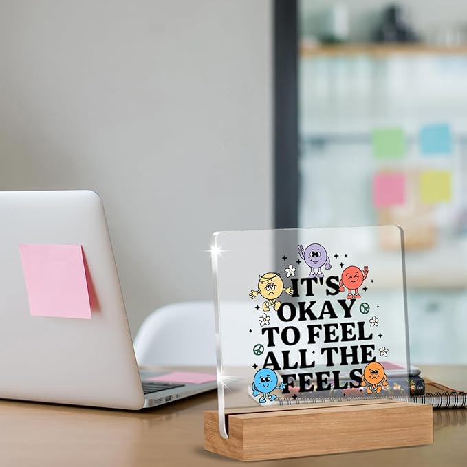 Therapy Office Decor, Mental Health Gifts for Therapist School Counselor Psychology, Cute Counseling Students Classroom Feel All the Feel Acrylic Plaque Office Desk Decor
