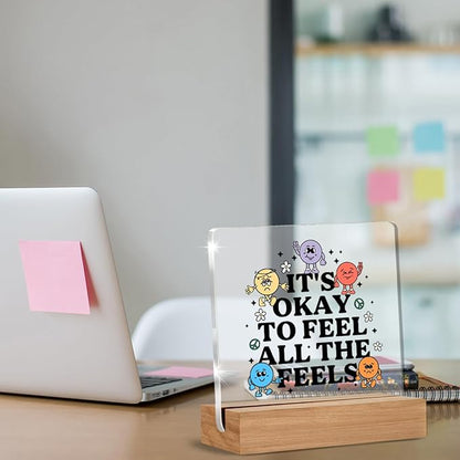 Therapy Office Decor, Mental Health Gifts for Therapist School Counselor Psychology, Cute Counseling Students Classroom Feel All the Feel Acrylic Plaque Office Desk Decor
