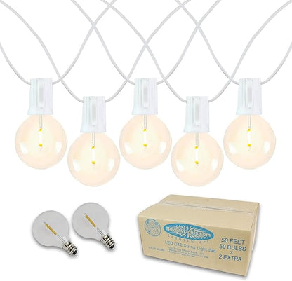 Novelty Lights 50 Feet G40 LED Patio String Light Set with 50 Bulbs, Warm White, Weather Resistant and Shatterproof Replaceable Plastic Globe Bulbs, White Wire