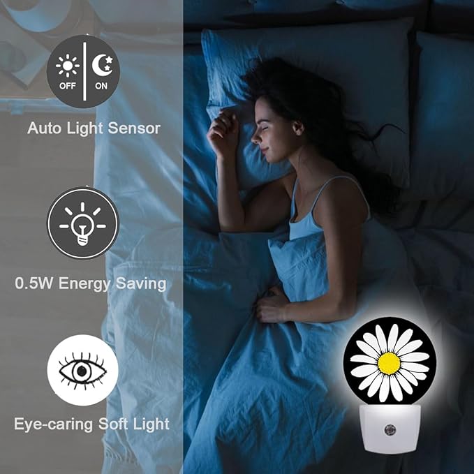 White Daisy Night Light Plug Into Wall Auto Led Sleep Round Lamp for Living Room Hallway Stairs