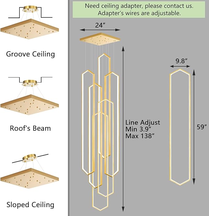 6 Rings Gold Modern Long Large Chandelier Dimmable LED High Ceiling Chandelier for Living Room Foyer Staircase Enterway Big Hanging Light Fixture Modern Ceiling Light