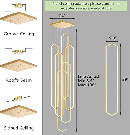 6 Rings Gold Modern Long Large Chandelier Dimmable LED High Ceiling Chandelier for Living Room Foyer Staircase Enterway Big Hanging Light Fixture Modern Ceiling Light