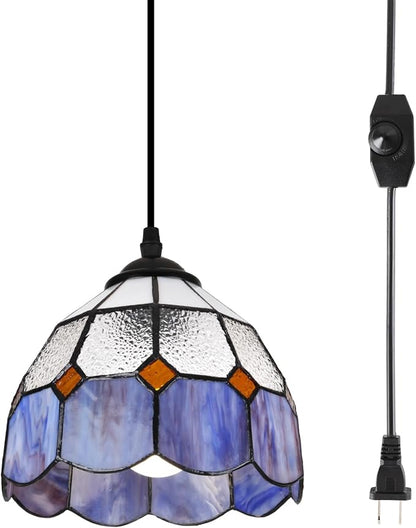HuisMier Tiffany Style Plug in Pendant Light, 15 Feet Cord Stained Glass Hanging Lamp with Dimmable On Off Switch, Vintage Swag Ceiling Lamp for Dining Room Living Room Bedroom, 7.9" Width