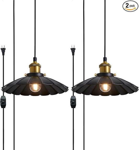 Plug in Hanging Light, Vintage Black 9.8 Inch Lampshade 14Ft Plug in Pendant Light for Dining Room and Living Room, Kitchen Island Retro On/Off Switch Hanging Lamp Fixtures 2Pack