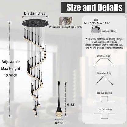 ykolupty Staircase Chandelier 42-Lights Crystal Ceiling Lights Adjustable Length 197inches Large Chandeliers for High Ceilings, Entryway Lighting Fixture Black