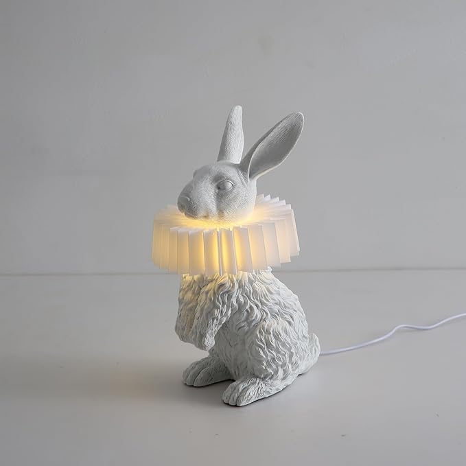 Cute Scarf Bunny Table Lamp, Resin Rabbit Nightstand Lamp with White Pleated PC Lampshade, USB Plug Energy Efficient LED Night Light, Kids Bedside Lamp for Bedroom Nursery Room Decor