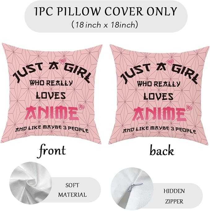 Anime Decor, Just a Girl Who Loves Anime Anime Room Decorative Throw Pillow Covers, Girls Anime Gifts Anime Lovers for Home Living Room Girl Women Bedroom Decoration Gifts Pink