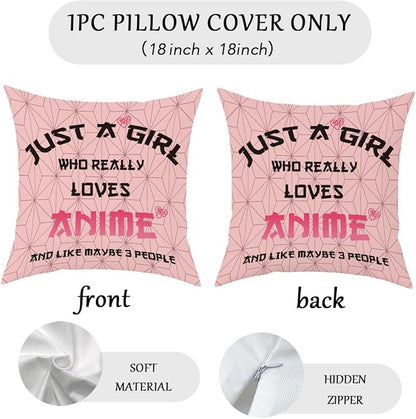 Anime Decor, Just a Girl Who Loves Anime Anime Room Decorative Throw Pillow Covers, Girls Anime Gifts Anime Lovers for Home Living Room Girl Women Bedroom Decoration Gifts Pink