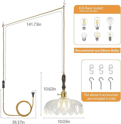 Modern Clear Plug in Glass Pendant Light Retro Flower Glass Hanging Lamp Gold Brass Decorative Adjustable Ceiling Hanging Light Suitable for Kitchen Island Bedroom Dining Room Living Room
