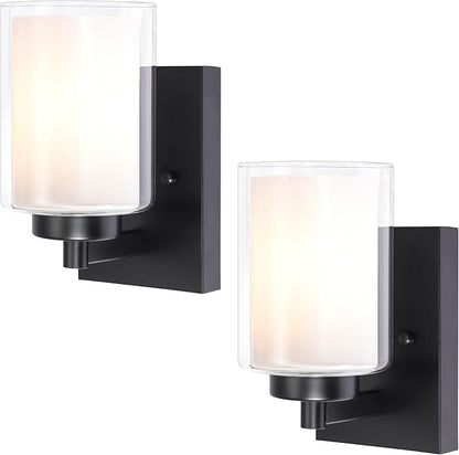 Pia Ricco Wall Sconces Set of Two, Hardwired Bathroom Wall Sconce with Double Glass Shade, Modern Bedside Wall Lamps, Farmhouse Vanity Light Black Wall Lights for Living Room, Bedroom, Hallway