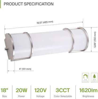 ASD LED 18" Vanity Flush Mount Light Fixture, Linear Bathroom Lighting Bar | 3CCT, Dimmable, Energy Star, ETL Listed | 20W 1650LM 3000-5000K 120V | Long Bath Wall Sconce Over Mirror | Nickel, 4 Pack