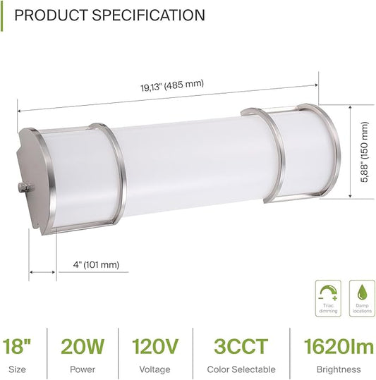 ASD LED 18" Vanity Flush Mount Light Fixture, Linear Bathroom Lighting Bar | 3CCT, Dimmable, Energy Star, ETL Listed | 20W 1650LM 3000-5000K 120V | Long Bath Wall Sconce Over Mirror | Nickel, 2 Pack