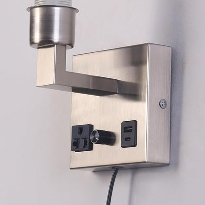 Bedside Wall Lamp for Bedroom, Plug in Wall Sconce - Dimmable Switch with AC Outlet & USB Charging Port, Fabric Shade, Black Wall Mounted Light for Living Room, Hotel (Satin Nickel)