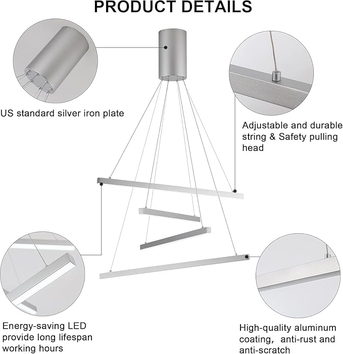Modern 4-Light Dimmable LED Linear Chandelier Pendant Light, 6000K Cool White Adjustable Hanging Lighting Fixture for Kitchen Island, Dining Room, Office, Silver Metal Commercial Home Lighting