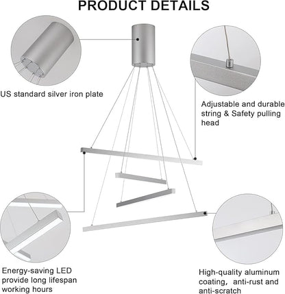 Modern 4-Light Dimmable LED Linear Chandelier Pendant Light, 6000K Cool White Adjustable Hanging Lighting Fixture for Kitchen Island, Dining Room, Office, Silver Metal Commercial Home Lighting