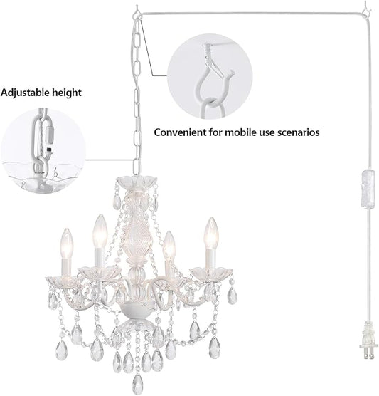 Plug in Crystal Ceramic White Chandelier, Glass Chandeliers,White crystal Hanging Pendant Light with Clear Cord and On/Off, 4 Light Crystal Chandelier for wedding, Kitchen, Dining,Foyer, Mini room