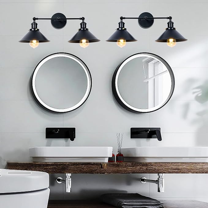 Farmhouse Bathroom Black Vanity Light Fixtures Wall Sconce Lighting, Industrial 2 Light Wall Sconces Indoor Wall Light with Metal Shade, Farmhouse Bathroom Light for Kitchen Living Room Hallway
