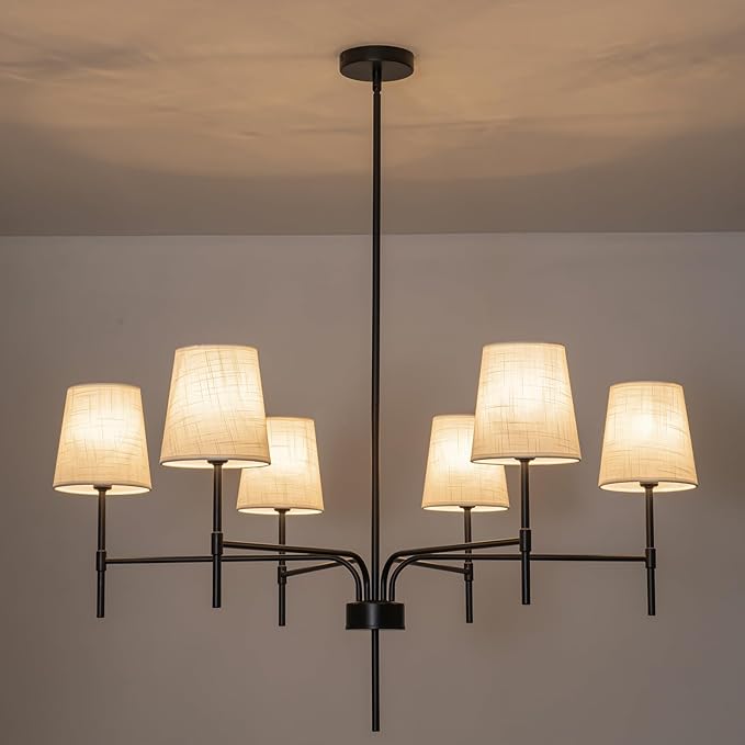 2026 New Black Chandeliers for Dining Room Light Fixture over Table, 34" 6-Light Classic Modern Farmhouse Black Chandelier with White Fabric Shade, Pendant Lighting for Kitchen Island Living Room